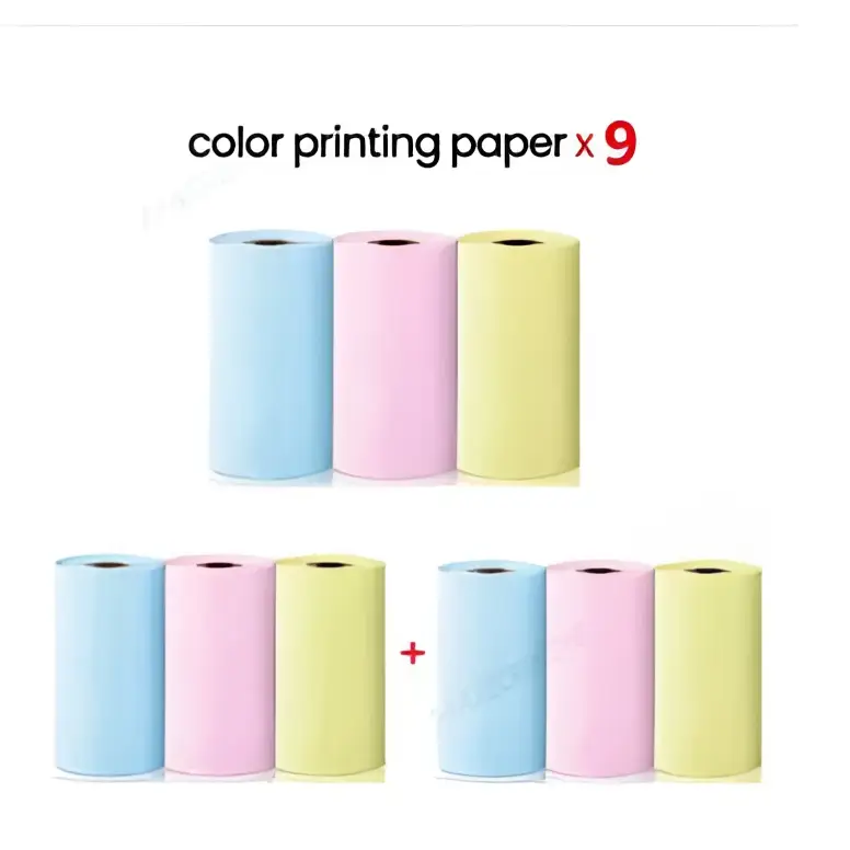 Nine rolls of pastel color portable mini label sticky paper compatible with black lettering thermosensitive printers