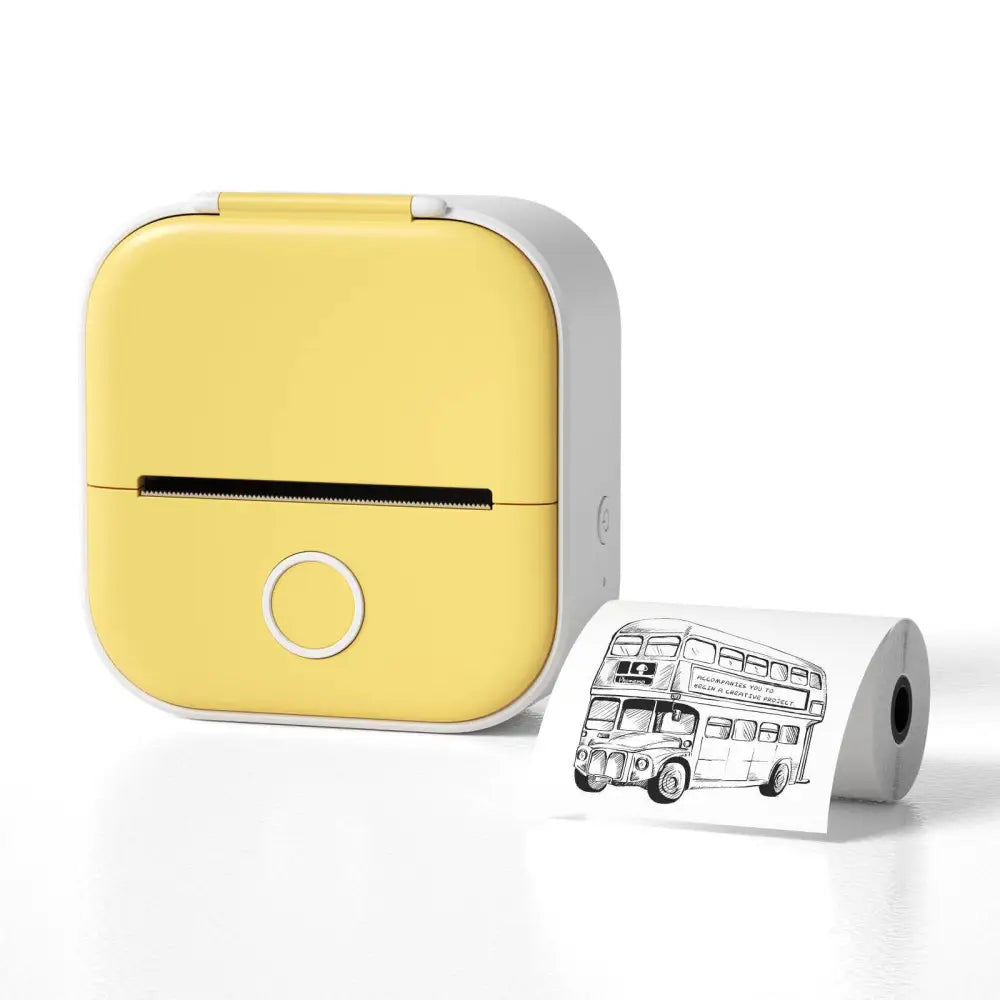 Compact yellow and white portable mini label printer with sticky paper rolls printing black lettering thermosensitive bus illustration