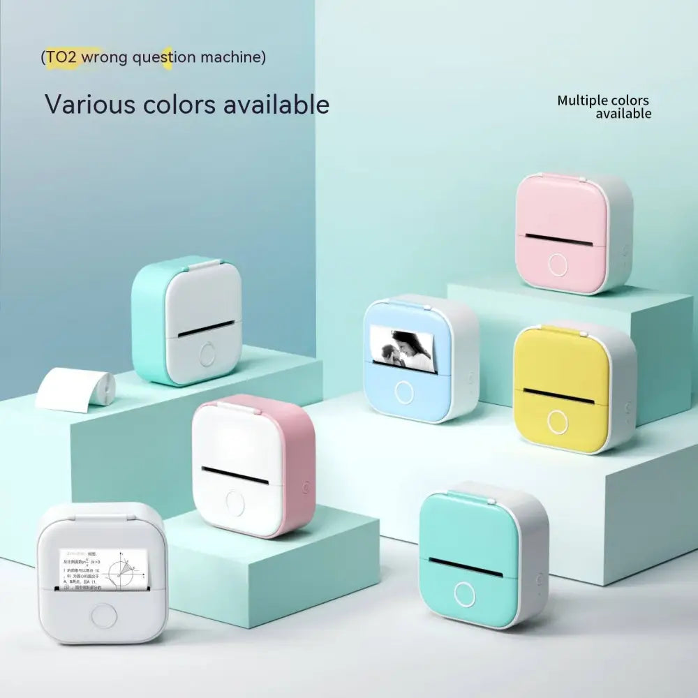 Pastel-colored white portable mini label printer with black lettering thermosensitive sticky paper rolls and small screen