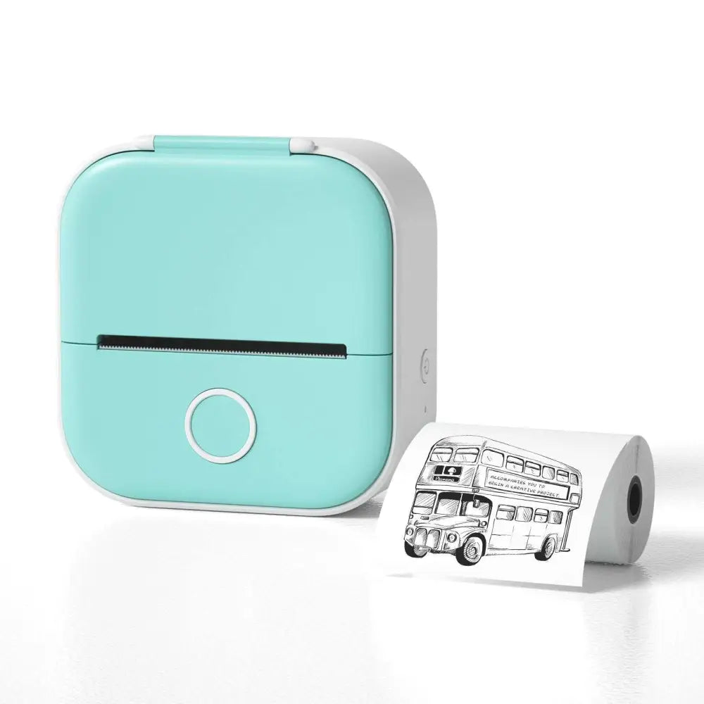 Mint green and white portable mini label printer with circular button printing black lettering thermosensitive double-decker bus illustration