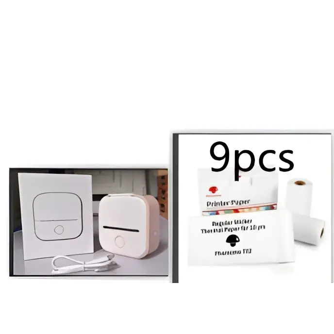 White portable mini label printer with sleek rounded edges and black lettering thermosensitive sticky paper rolls
