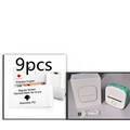 White portable mini label printer 9pcs box with black lettering thermosensitive paper rolls and stickers for 10 years use