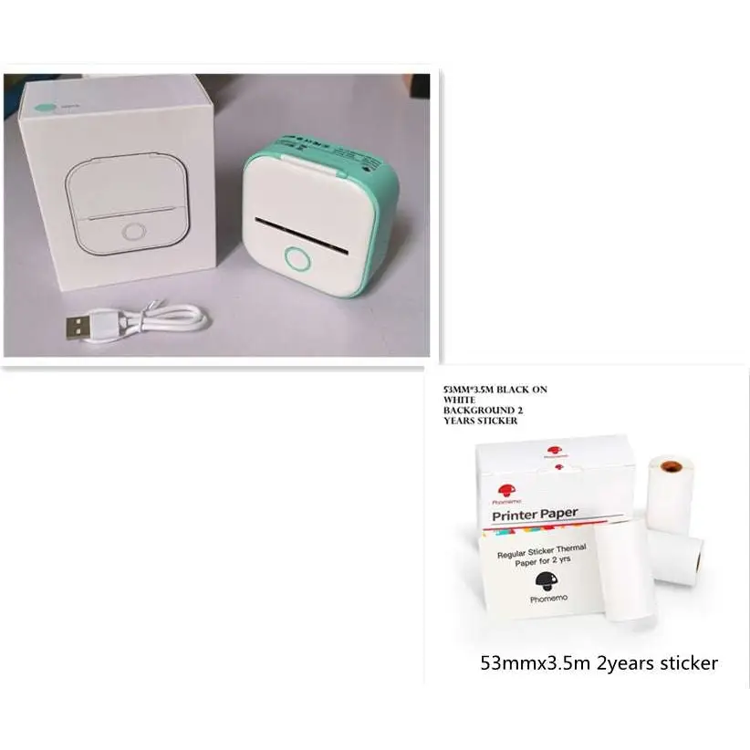 Pastel-colored white portable mini label printer with black lettering thermosensitive sticky paper rolls and small screen