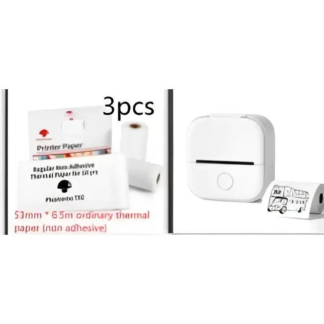 White portable mini label printer with sleek design and black lettering thermosensitive regular non-adhesive paper