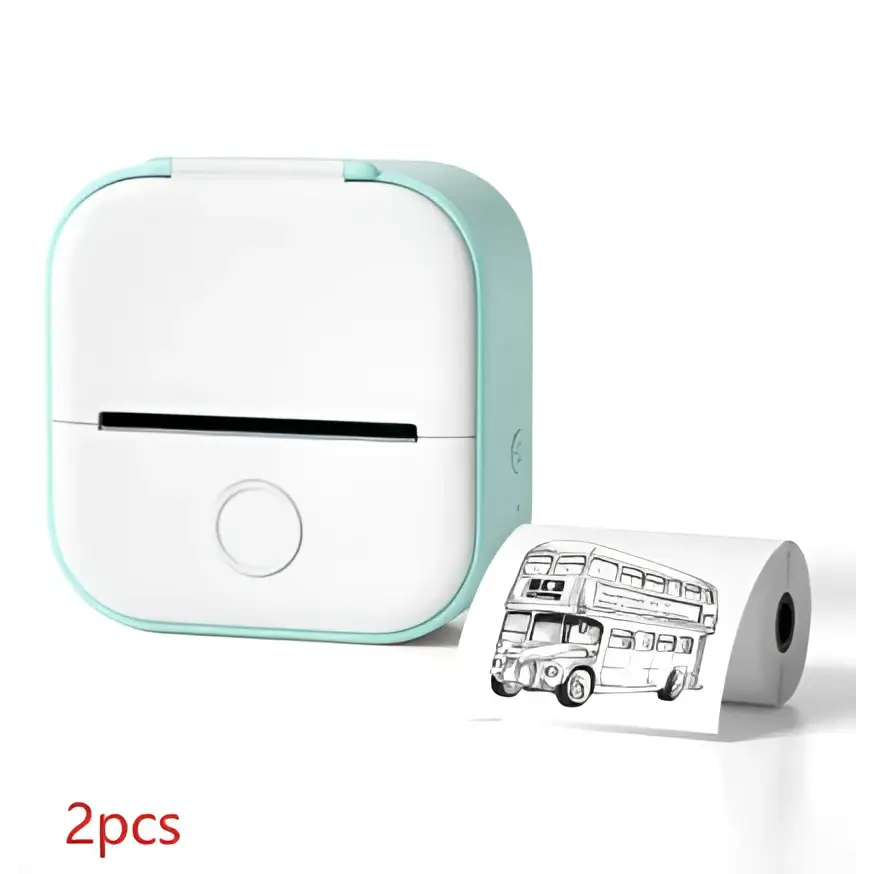 A mint-green and white portable mini label printer with a circular button for black lettering thermosensitive sticky paper rolls