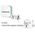 Mint green and white portable mini label printer with black lettering thermosensitive sticky paper rolls and circular button