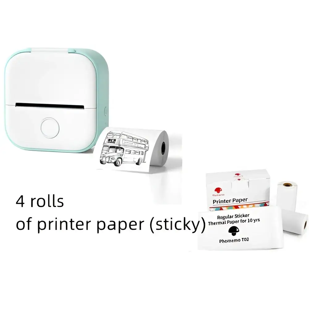 Mint green and white portable mini label printer with black lettering thermosensitive sticky paper rolls and circular button