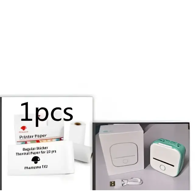 White portable mini label printer with mint green accents and matching power cord uses black lettering thermosensitive paper