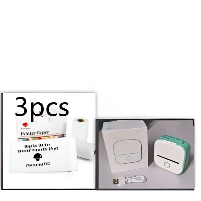 White and teal fujifilm portable mini label printer with black lettering thermosensitive and cube-shaped compact design
