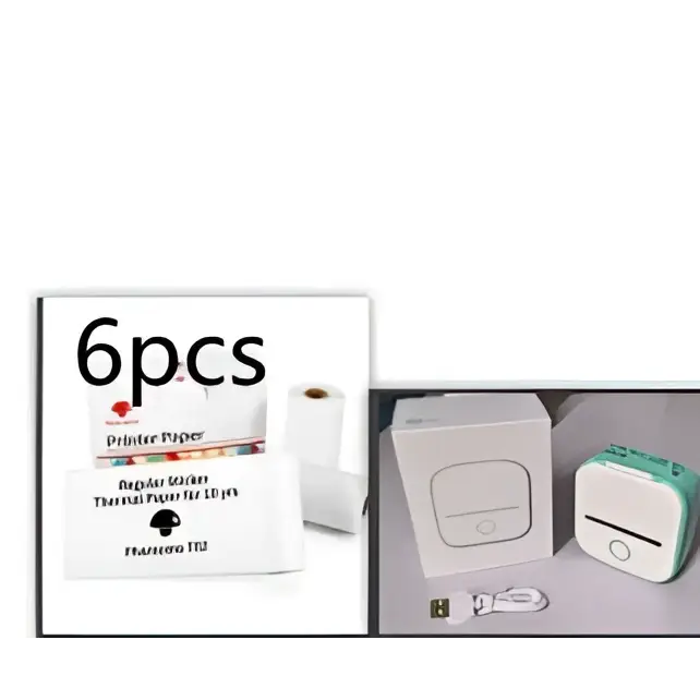 White and teal portable mini label printer with black lettering thermosensitive sticky paper rolls for canon g10 6pcs package