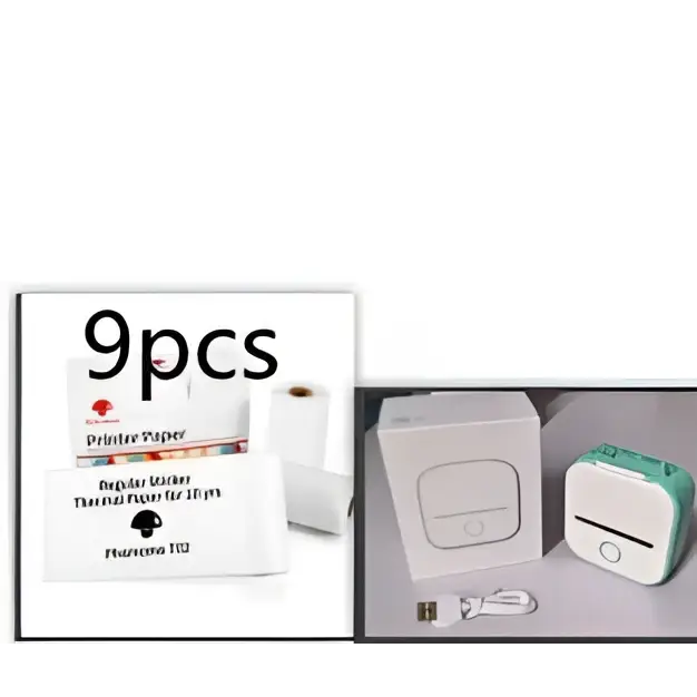 White portable mini label printer accessory box with 9pcs thermal paper rolls and stickers for 10 years use