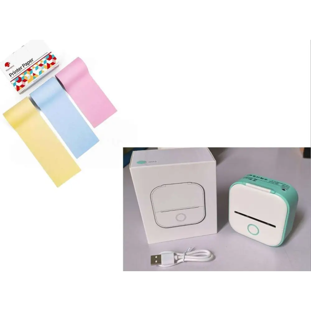 Mint green and white portable mini label printer with circular button and black lettering thermosensitive sticky paper rolls