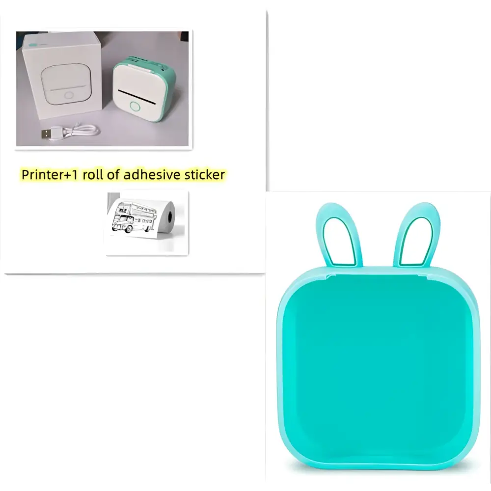 Mint green plastic bunny-shaped portable mini label printer with sticky paper rolls and black lettering thermosensitive printing
