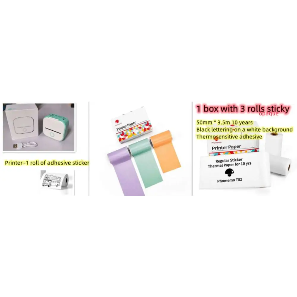White portable mini fujifilm printer with teal accents and rolls of colored adhesive sticker paper for portable mini label use