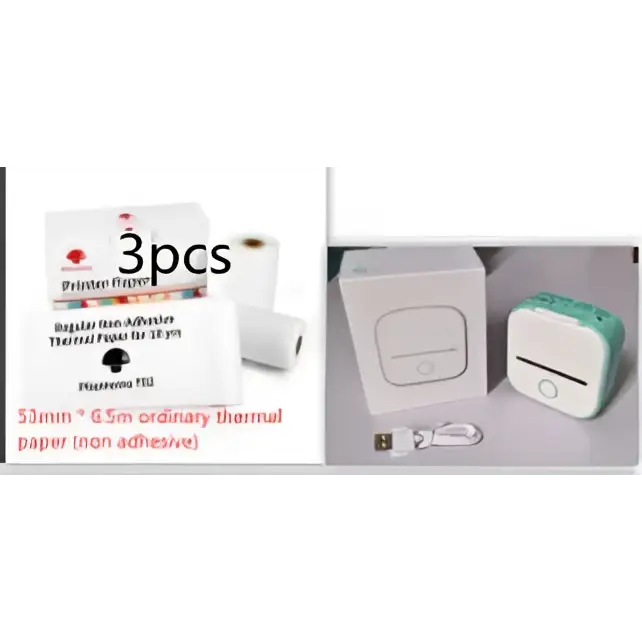 White portable mini label printer with sticky black lettering thermosensitive paper rolls and green and white casing