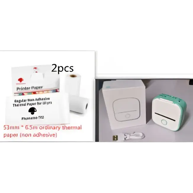 White and teal portable mini label printer with black lettering thermosensitive printing and compact cube design