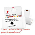 White phomemo t02 thermal paper rolls 53mm wide 6.5m long non-adhesive for portable mini label printer with black lettering thermosensitive use