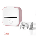 White portable mini label printer with black lettering thermosensitive sticky paper printing a double-decker bus illustration