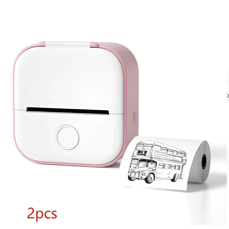 White portable mini label printer with black lettering thermosensitive sticky paper printing a double-decker bus illustration