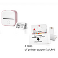Pink and white phomemo t02 portable mini label printer with black lettering thermosensitive paper roll emerging from slot