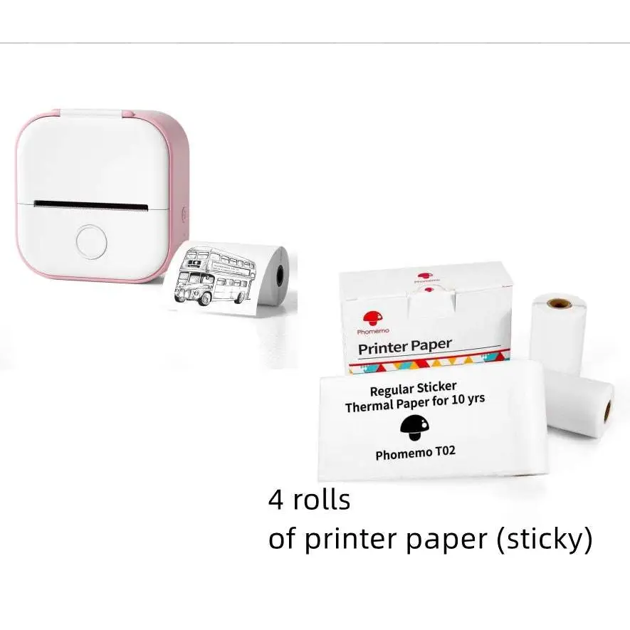 Pink and white phomemo t02 portable mini label printer with black lettering thermosensitive paper roll emerging from slot