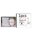 White portable mini label printer with sleek rounded edges black lettering thermosensitive sticky paper rolls included