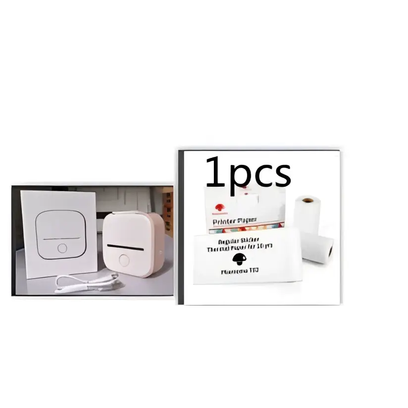 White portable mini label printer with sleek rounded edges black lettering thermosensitive sticky paper rolls included