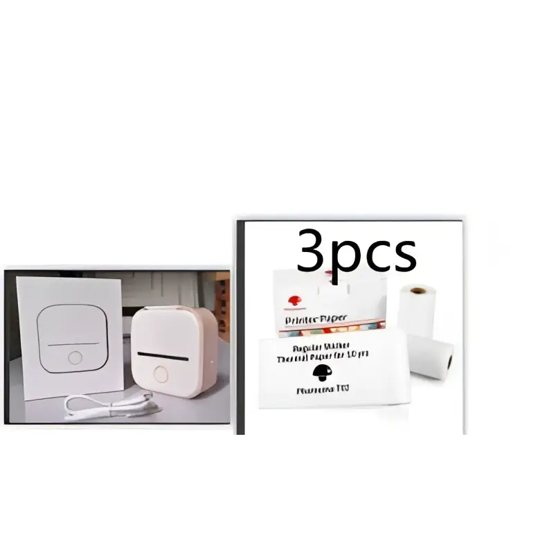 White portable mini label printer with black lettering thermosensitive printing and sticky paper rolls for portability