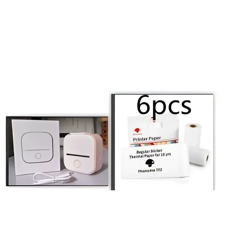 Pink portable mini label thermal printer with black lettering thermosensitive paper and white packaging accessories