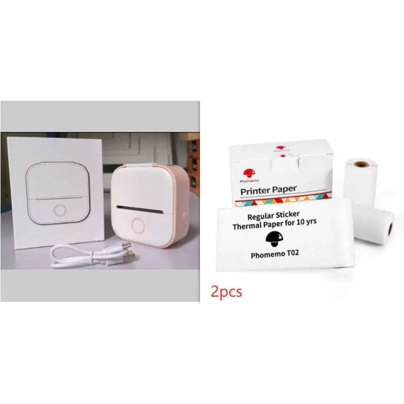 Pink portable mini label printer phomemo t02 with white usb cable and black lettering thermosensitive sticky paper rolls