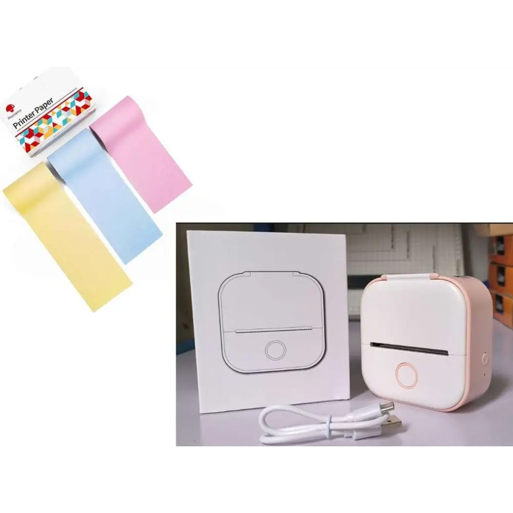 Pink and white portable mini label printer with black lettering thermosensitive sticky paper rolls and circular button