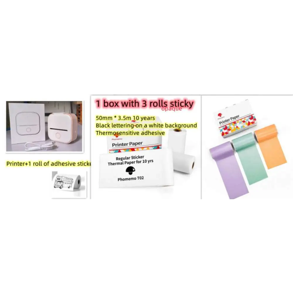 White portable mini label printer with compact design and black lettering thermosensitive sticky paper rolls