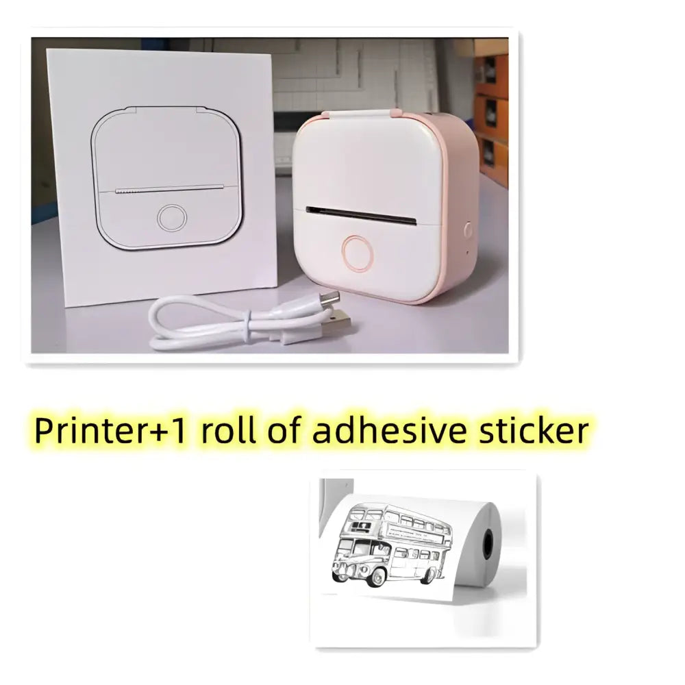 Compact pastel pink and white portable mini label printer with black lettering thermosensitive sticky paper rolls
