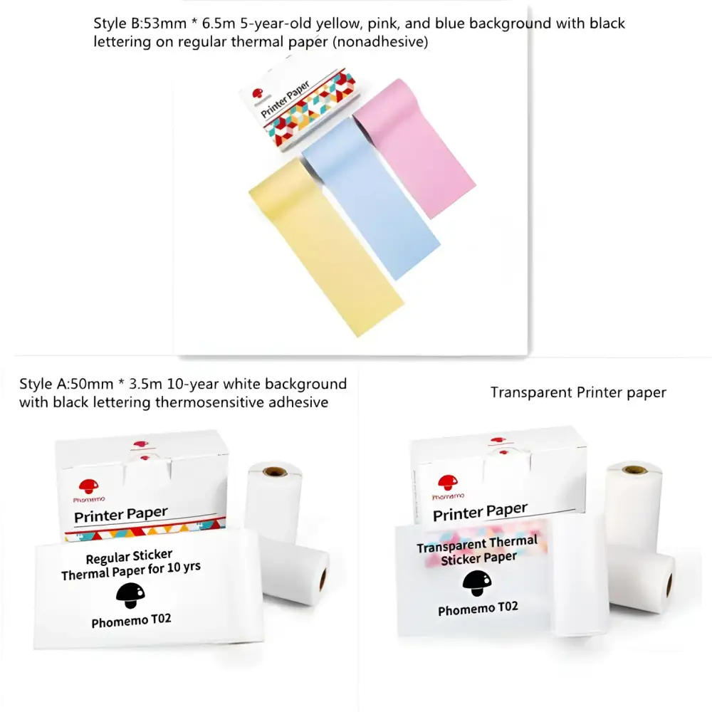 Rolls of colorful yellow pink and blue thermal printer paper with black lettering for portable mini label printer use