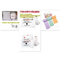 Pink portable mini label printer with black lettering thermosensitive sticky paper rolls white charging cable and box