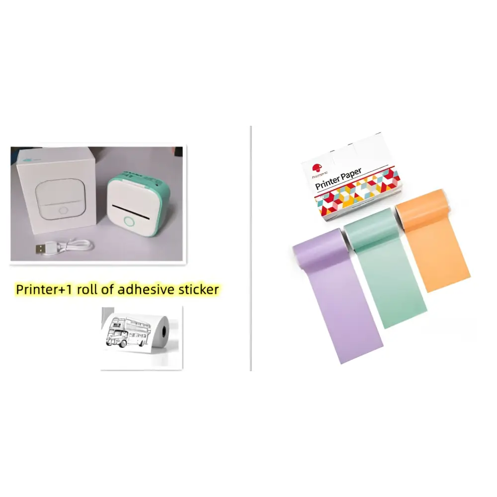 Mint green and white portable mini label printer with circular button and black lettering thermosensitive sticky paper rolls