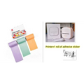 Pink portable mini label printer with white cable and box using black lettering thermosensitive sticky paper rolls