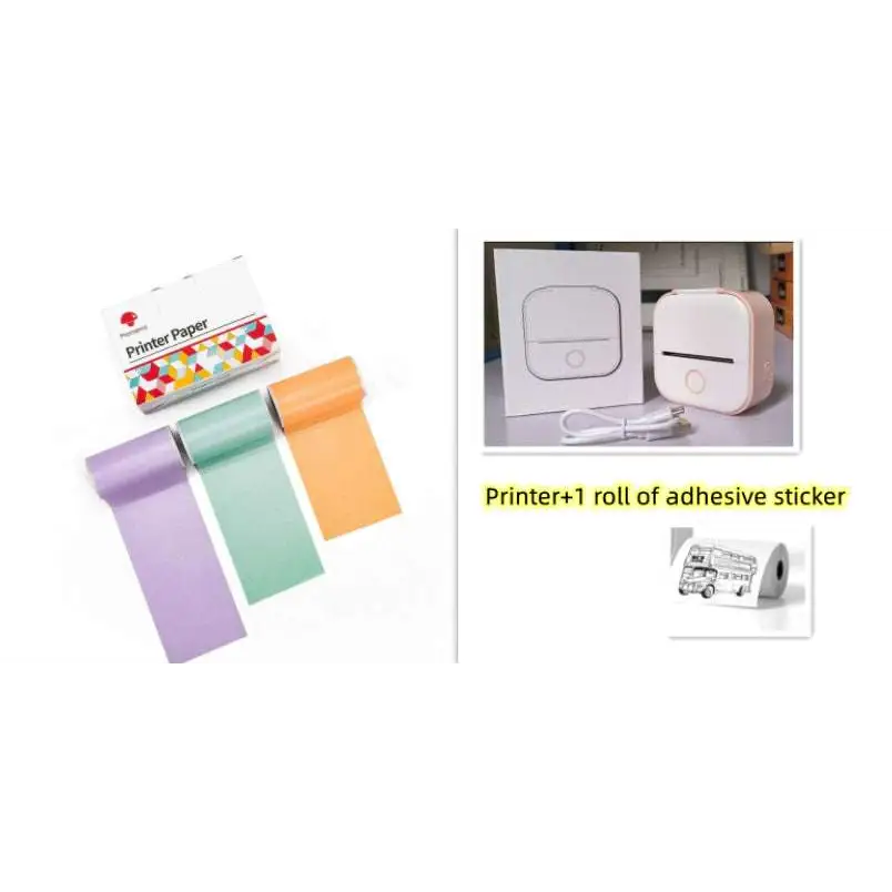 Pink portable mini label printer with white cable and box using black lettering thermosensitive sticky paper rolls