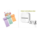White portable mini label printer with circular button and slot for printing adhesive stickers on thermosensitive rolls