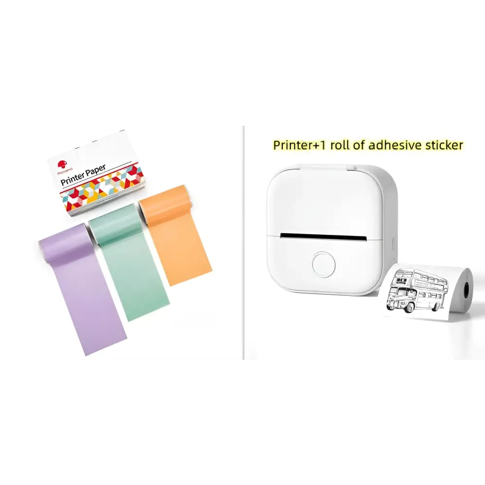 White portable mini label printer with circular button and slot for printing adhesive stickers on thermosensitive rolls