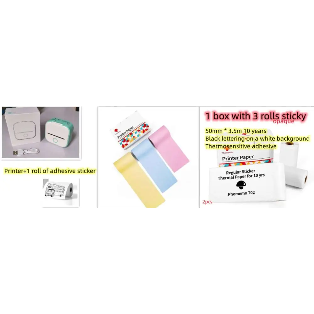 Set of three rolls of white portable mini label printer paper with black lettering thermosensitive adhesive