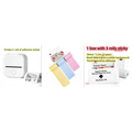 White portable mini label printer with black lettering thermosensitive printing and adhesive sticky paper rolls beside it