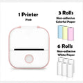 Pink portable mini label printer with rounded edges and circular button uses black lettering thermosensitive sticky paper rolls