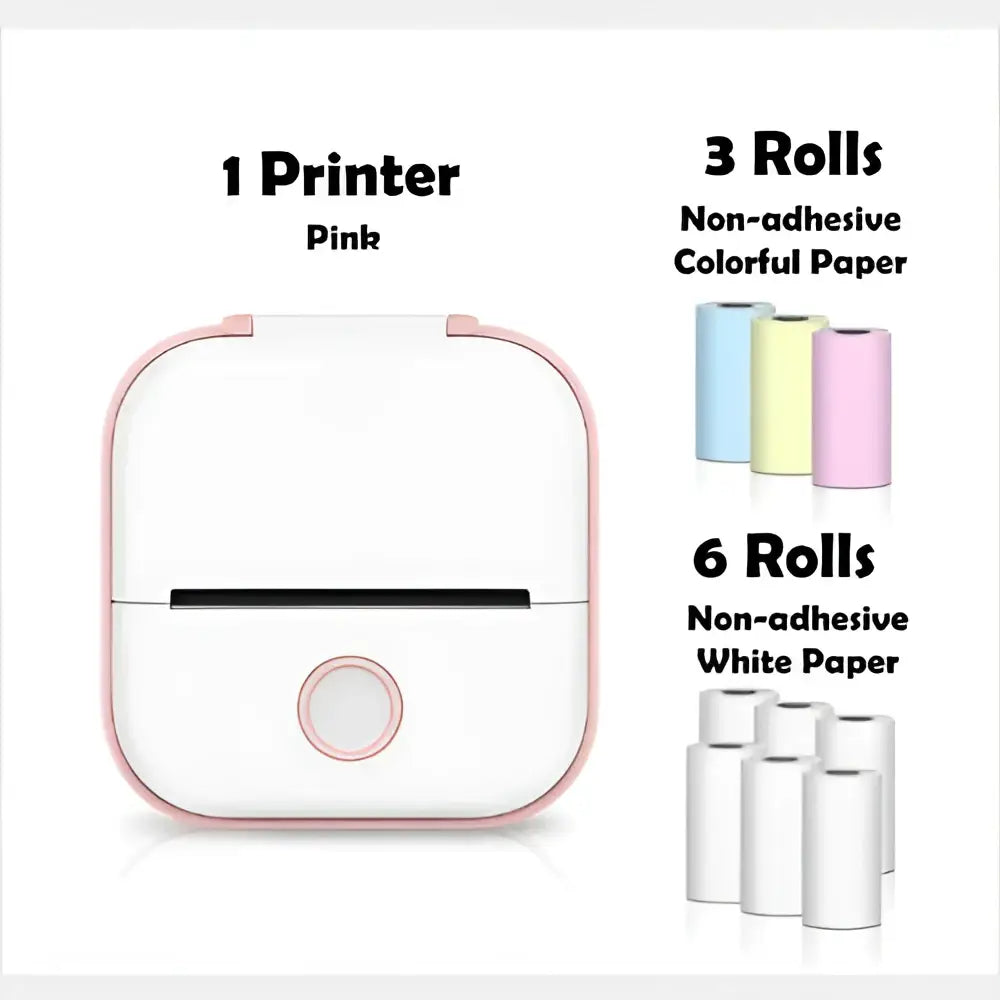 Pink portable mini label printer with rounded edges and circular button uses black lettering thermosensitive sticky paper rolls