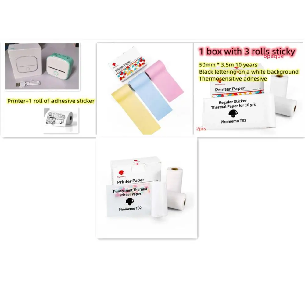 Mint green and white portable mini label printer with black lettering thermosensitive sticky paper rolls and usb cable included