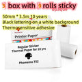 White portable mini label printer rolls with black lettering thermosensitive adhesive designed for 10-year archival use