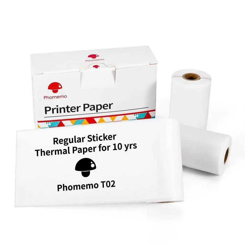 White portable mini thermal paper rolls for phomemo t02 printer with black lettering thermosensitive in branded box