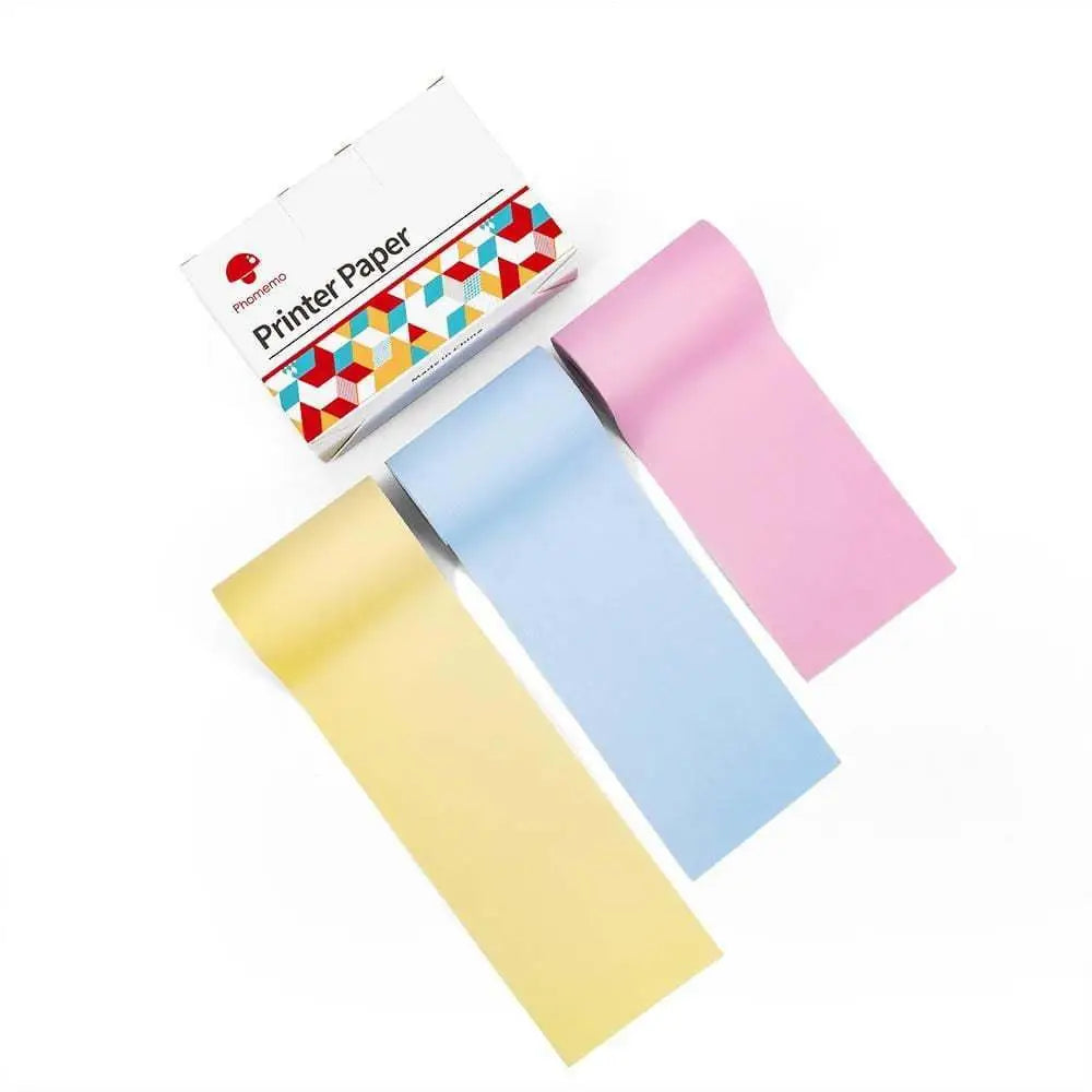 Portable mini label printer with phenalmeno brand sticky paper rolls in pastel yellow light blue and pink for black lettering thermosensitive use