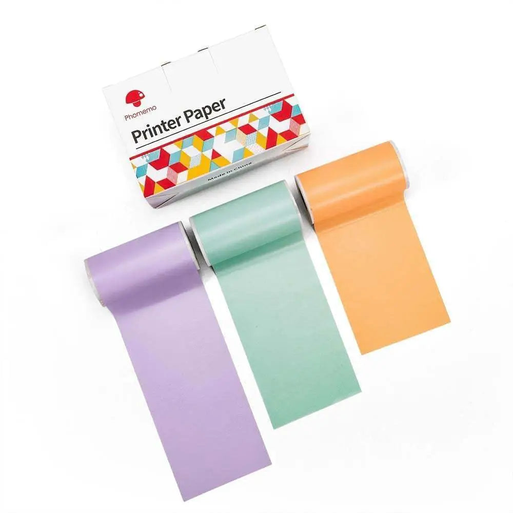 Phomemo portable mini label printer paper rolls in pastel purple mint green and orange for black lettering thermosensitive use