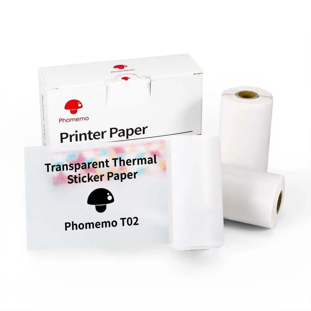 Phomemo t02 transparent thermal sticker paper rolls white and clear with mushroom logo for white portable mini label printer